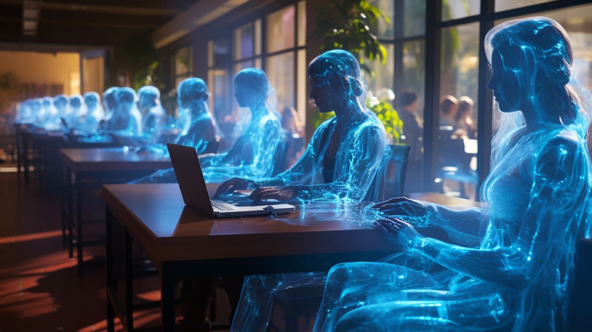 AI generated image from the prompt: A cinematic scene from a utopian science fiction movie called The Uncanny Office. Long shot captures 3 blue and silver holographic people talking in a well lit office building on a bright and sunny day, iridescent interface, rainbow, happy, in the style of dynamic action sequences, captured on Phantom High - Speed Camera --ar 16:9 --c 50 --s 750 AI generated image from the prompt: A cinematic scene from a utopian science fiction movie called The Uncanny Office. Long shot captures 3 blue and silver holographic people talking in a well lit office building on a bright and sunny day, iridescent interface, rainbow, happy, in the style of dynamic action sequences, captured on Phantom High - Speed Camera --ar 16:9 --c 50 --s 750